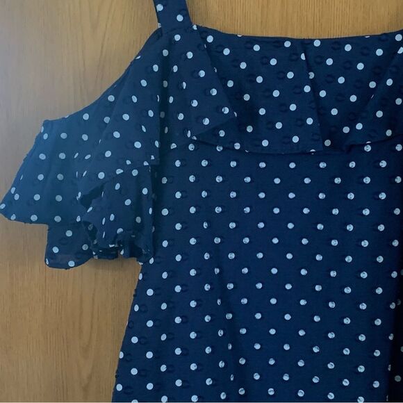 J. Crew Navy/White Polka Dot Ruffled Short Sleeve Cold Shoulder - Picture 9 of 14